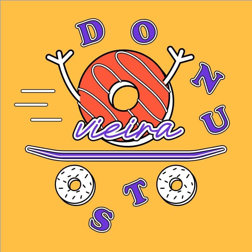 IMG 3:
Segunda versão da identidade visual Donuts Vieira com fundo amarelo vibrante, donut vermelho cereja e tipografia roxa lembrando estética de times de basquete