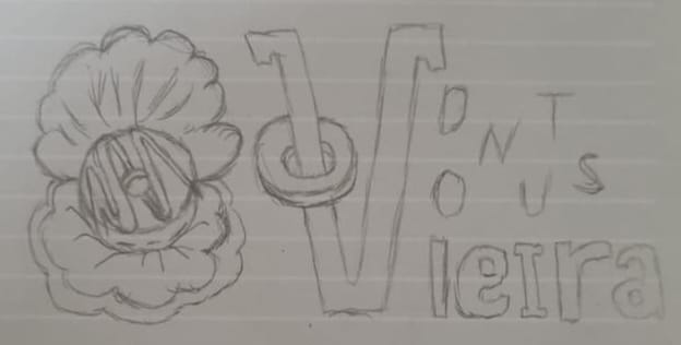 IMG 1:
Esboço inicial em papel da logo Donuts Vieira mostrando um donut dentro de uma concha de ostra, conceito descartado por ser delicado demais