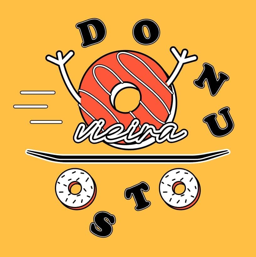 IMG 5:
Logo final aprovada da Donuts Vieira com donut skatista em vermelho cereja, fundo amarelo e tipografia preta em estilo minimalista