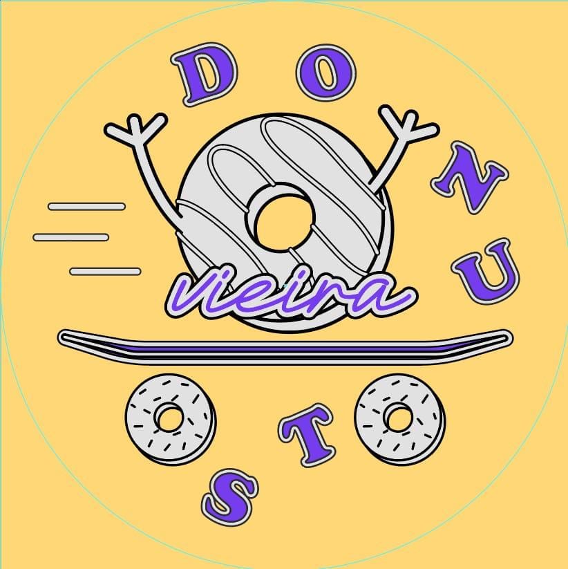 IMG 2:
Primeira versão digital da logo Donuts Vieira no Adobe Illustrator com donut personificado andando de skate em estilo minimalista