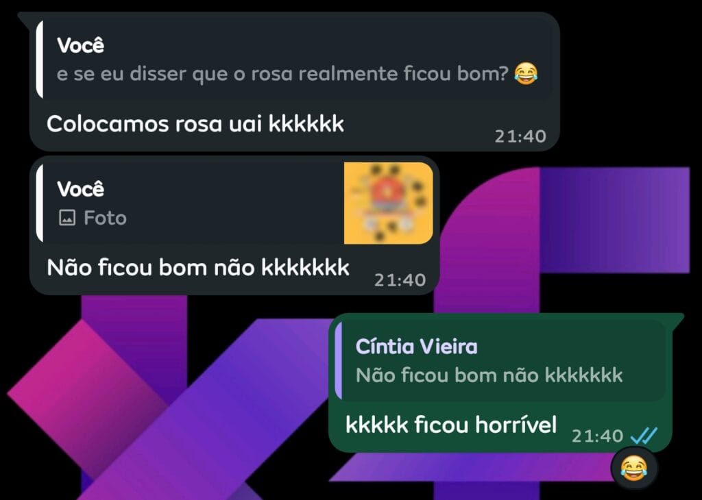 IMG 4: Screenshot de conversa no WhatsApp com cliente Cíntia Vieira dando feedback negativo sobre versão da logo com skate rosa